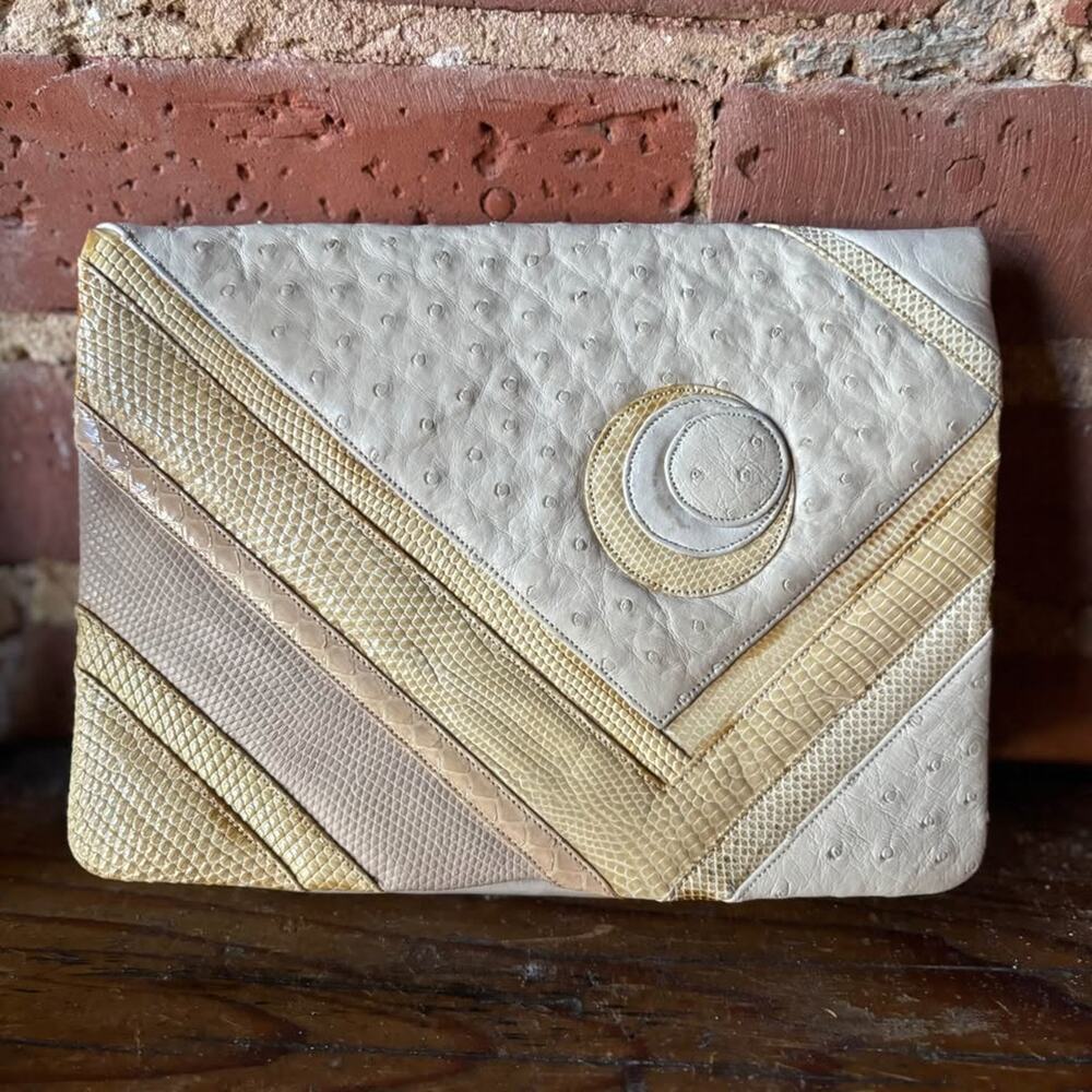 Vintage Judith Leiber Moon Mixed Exotic Leather Beige Clutch Shoulder Evening